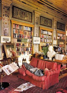 a living room filled with furniture and bookshelves full of books on the walls