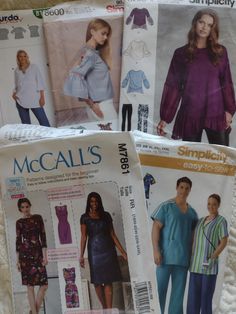 three sewing patterns for ladies'tops and pants on a white blanket with the words, mccalls easy to sew