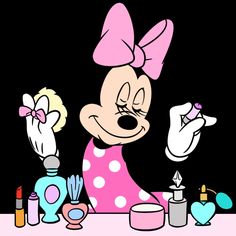 a minnie mouse cartoon with makeup and other items on the table in front of her