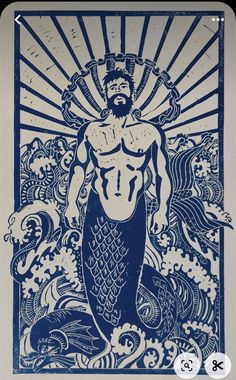 a blue and white drawing of a man with a beard standing in front of waves