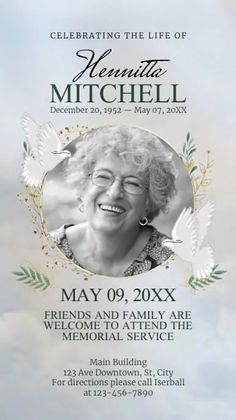 a flyer for the memorial service with an image of a smiling woman and doves