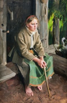 a painting of a woman sitting on the ground with a cane in her hand and wearing a green dress