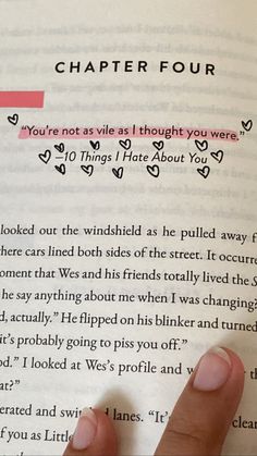 someone is reading a book with their finger pointing at the page that says,'you're not as though you were 10 things hate about you '