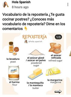 an image of some food that is on the page with words in spanish and english