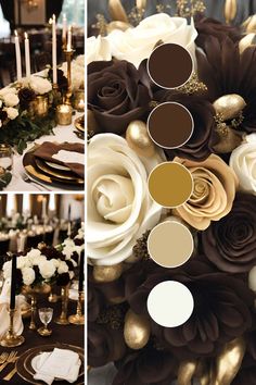 the table is set with white and brown flowers, gold candlesticks, and chocolate colored napkins