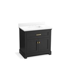 a black vanity with a white sink and gold handles on the front, against a white background