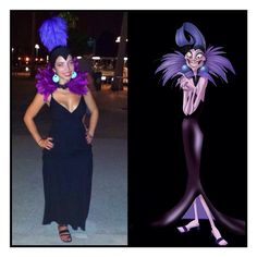 a woman in a black dress and an image of a cartoon character with purple hair