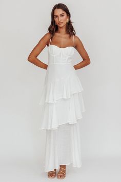 Madrid Tiered Ruffle Maxi Dress White by Selfie Leslie Long White Graduation Dress, White Beachy Dresses, Coastal Dresses, Senior Pics Outfits, White Dress Corset, White Long Dresses, White Dresses Long, Madrid Summer, White Formal Dresses