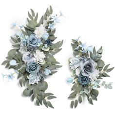 two pieces of blue and white flowers with green leaves