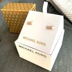 Super Cute Mk Logo Pave Stone Stud Earrings. Brand New In Original Packaging With Gift Box Stone Stud Earrings, Michael Kors Jewelry, Mk Logo, Stone Studs, Rose Gold Color, Pink Gold, Pink And Gold, Gift Box, Michael Kors