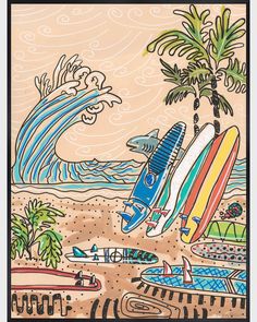 a drawing of surfboards and palm trees on the beach