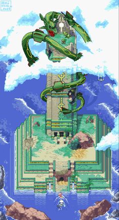 an image of a castle in the sky with clouds above it and below it is a green dragon