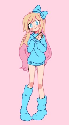 a cartoon girl with long blonde hair and blue boots standing in front of a pink background