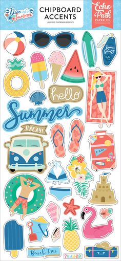 a sticker sheet with various items for summer