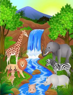 cartoon wild animals in the jungle by a stream and waterfall with green trees on either side