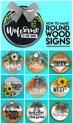 a collage of wooden signs with sunflowers on them and the words welcome to our home