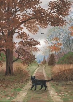 a painting of a black dog walking down a dirt road next to a large tree