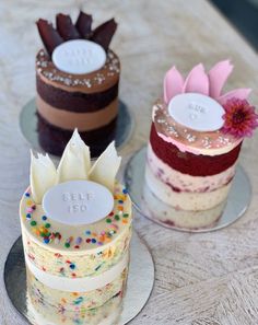 three small cakes with different toppings are on the table and ready to be eaten