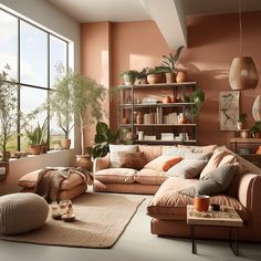 a living room filled with lots of furniture next to large windows and potted plants