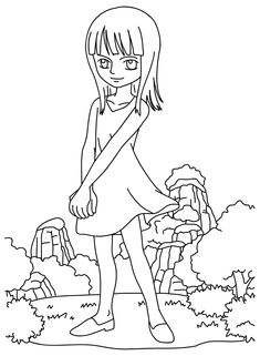 a cartoon girl standing in the grass with her hand on her hip and looking at something