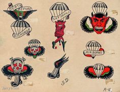 some old school tattoos with skulls and hot air balloons on them, all in different colors