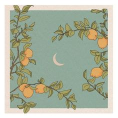 an orange tree with fruit on it and a half moon in the sky behind it