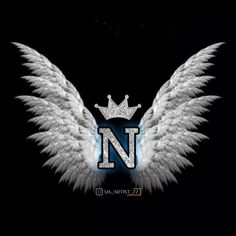 the letter n with angel wings and a crown on it's head is shown