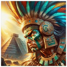 an image of a native american man with feathers on his head and two pyramids in the background