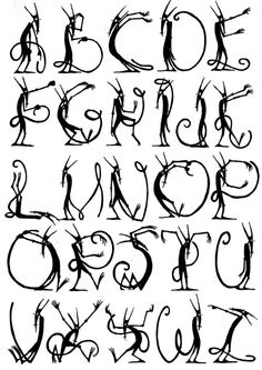 the alphabet is drawn in black and white with an artistic twist to it's letters