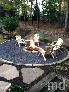 a fire pit with chairs around it and the words exquisite diy fire pit ring