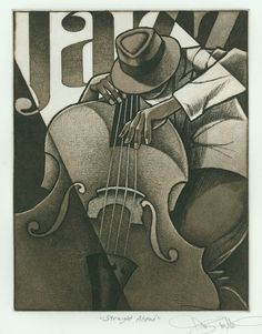 a drawing of a man with a hat playing the cello and wearing a fedora