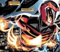 a comic book page with a man in red and black costume flying through the air