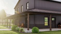 a rendering of a house with a porch and covered in wood shingles, sitting on the grass