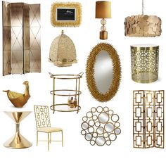 a collage of gold and white furniture, including mirrors, lamps, vases and other decorative items