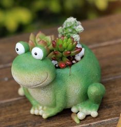 a green frog sitting on top of a wooden table