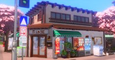 Kawaii Cafe Bloxburg, Retro Cafe Exterior, Maid Cafe Exterior, Sims 4 Bakery Ideas, Japanese Cafe Exterior, Boba Shop Exterior, Bloxburg Art Studio, Sims 4 Korean House, Cute Cafe Exterior