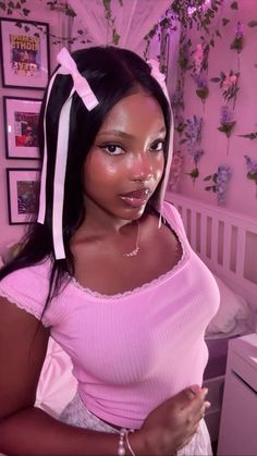 🎀 #bows #hairstyles #blackgirlshairstyles #coquette Long Bow Hairstyle, 2 Bows Hairstyle, Pink Bow Hairstyles, Loose Pigtails, Sailor Moon Hairstyle, Bow Buns, Hairstyles Bows, Bows In Hair, Coquette Hairstyles