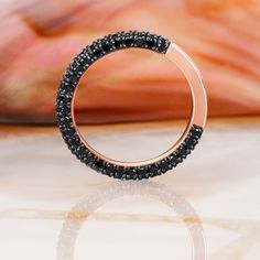 Unique Natural Black Diamond Stackable Wedding Ring Made of Solid 14k Gold, Black Diamond Eternity Ring, Two-Row Black Diamond Promise Ring, Unique Statement Diamond Jewelry for Women. This two-row round-cut natural black diamond stackable wedding ring is sure to make a statement- designed with two rows of stunning black diamonds to sit perfectly with your matching engagement ring. Black diamonds have a magnetic shine and unique spark, they can glow in the distance - even when it's dark. This un Elegant Black Eternity Band For Anniversary, Luxury Black Spinel Diamond Ring For Anniversary, Black Diamond Half Eternity Jewelry, Luxury Black Spinel Jewelry For Wedding, Luxury Black Stackable Rings For Anniversary, Rose Gold Jewelry With Black Diamonds, Anniversary Ring With Black Diamonds, Round Band, Black Round Halo Ring, Anniversary Ring With Black Diamonds In Round Band