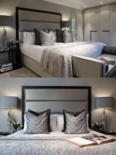 there are two pictures of a large bed in the same room