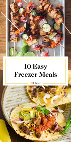 chicken kebabs on skewers with text overlay that reads 10 easy freezer meals