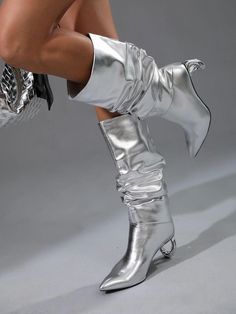 Olivia Mark - Timeless Fashion - Silver Leather Boots for Her Silver Gogo Boots, Pink Sandals Heels, Boot Collection, Gogo Boots, Black Block Heels, Denim Boots, Silver Sandals, Leather Boot, Block Heels Sandal