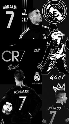 several different black and white images with the names of soccer teams on them, including cr7, ronaldo, ronaldo, ronald