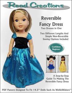 the doll is wearing a blue and black dress