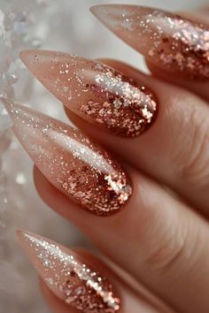 #LuxuryNails #GoldLeafNails #DiamondNails #MarbleNails #GlossyBlackNails #RoseGoldNails #OmbreLuxuryNails #PearlNails #CrystalNails #HolographicNails Almond Nails Designs Rose Gold, Waterfall Glitter Nails, Different Color Nail Designs, Rose Gold Autumn Nails, Super Cool Nail Designs, Sparkly Rose Gold Nails, Rose Gold Fall Nails, Glitter Nail Art Sparkle, Black And Gold Ombre Nails