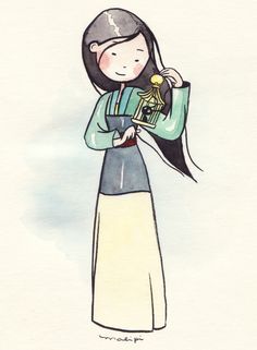 a drawing of a girl with long black hair holding a small object in her hands