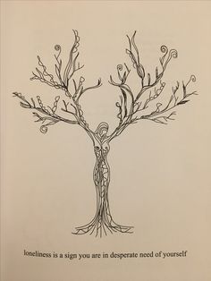 a drawing of a tree with an image of a woman in the center and words below it