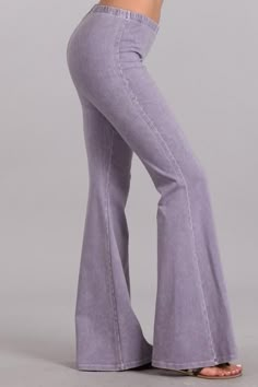 Best Seller These hugging lilac bell bottoms pants will add a little swing to your step this season! The soft lightweight material has the perfect amount of stretch and the well hidden elastic waist adjusts to make up for a few gained or lost inches. You'll love the comfort and look of a fitted hip and thigh that's perfectly balanced with the flared cut. You can keep things casually cool with a tucked-in graphic tee, heeled boots and a wide-brim hat, or go for a more polished twist with a printe Yellow Bell Bottoms, Bell Bottoms Pants, Sherpa Lined Denim Jacket, Clothes Closet Organization, Plaid Blanket Scarf, Lightweight Pants, Soft Pants, Bell Bottom Pants, Fashion Designs