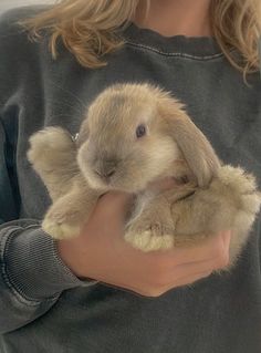 a woman holding a small rabbit in her hands with long blonde hair and blue eyes