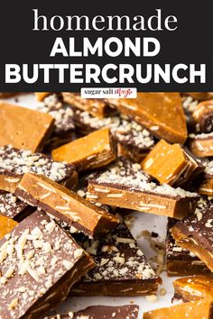 homemade almond butter crunch candy bars on a white plate with text overlay that reads homemade almond butter crunch