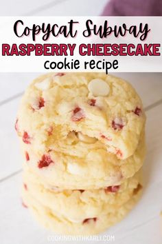 two cookies stacked on top of each other with the words copycat subway raspberry cheesecake cookie recipe